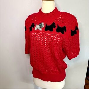 Susan Bristol Scottie Dog Red Short Sleeve Open Pointelle Knit Sweater Size L